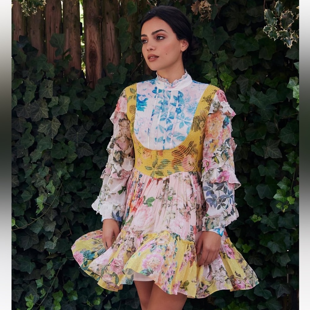 NOT FOR SALE HEMANT & NANDITA Embroidered Yellow Pink Floral sheer Ruffle Dress